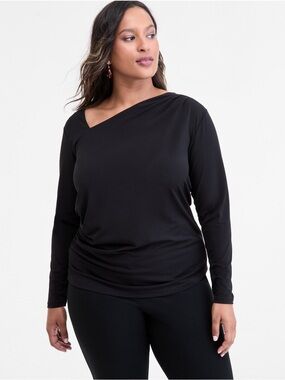 INC International Concepts Black Asymmetric V-Neck Long Sleeve Top Blouse Trendy